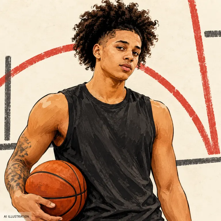Illustrazione editoriale generata con IA di Cam Wilder con un pallone da basket; non è una fotografia o una misurazione
