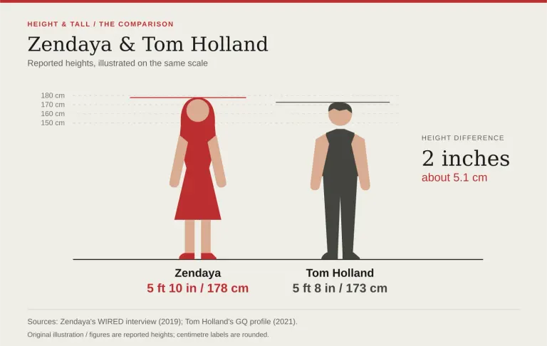 Confronto illustrato: Zendaya a 5 piedi e 10 pollici o 178 cm e Tom Holland a 5 piedi e 8 pollici o 173 cm, con circa 2 pollici di differenza