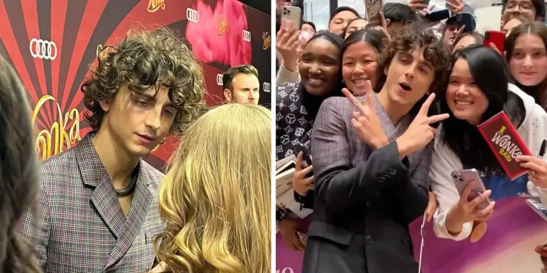 Timothée Chalamet standing in crowd